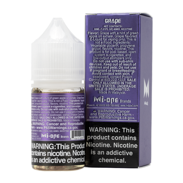 A best selling fruity flavored vape juice, Grape Mi-Salts made with nicotine salts