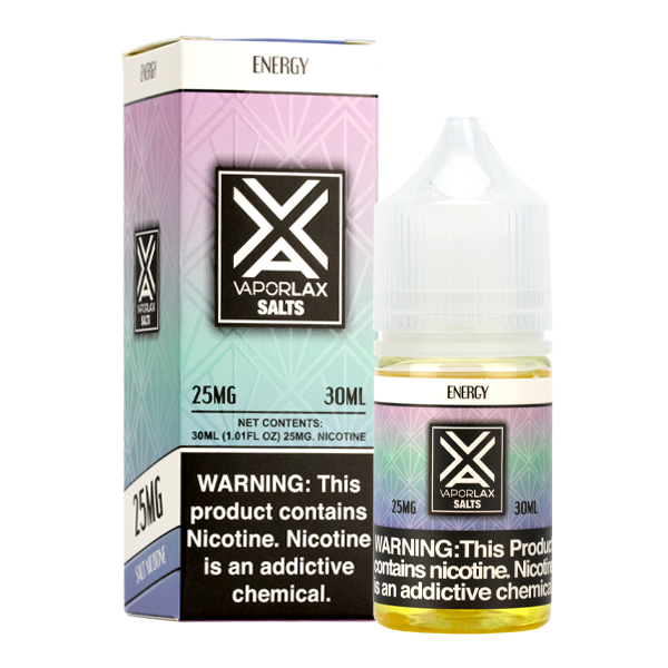 Energy by VaporLax Salts is a chilled energy drink flavor mixed with nicotine salts