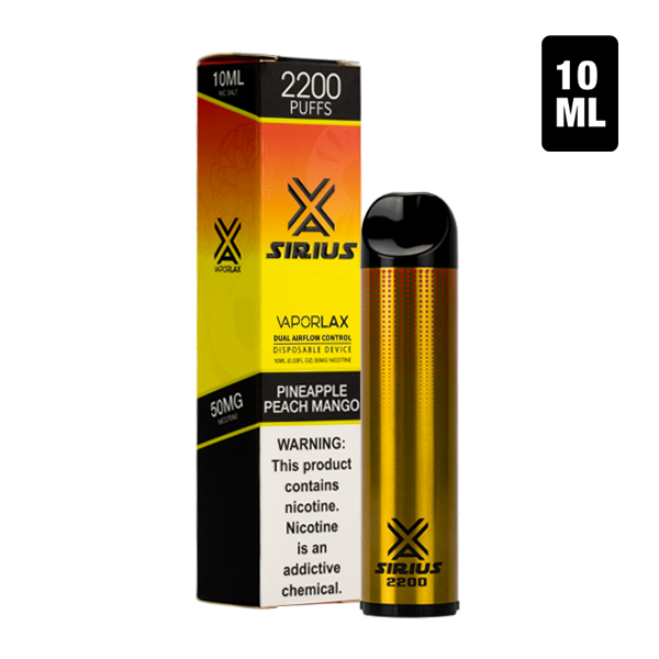 An Pineapple Peach Mango flavor of disposable vape pens, Sirius 2200 made by VaporLax