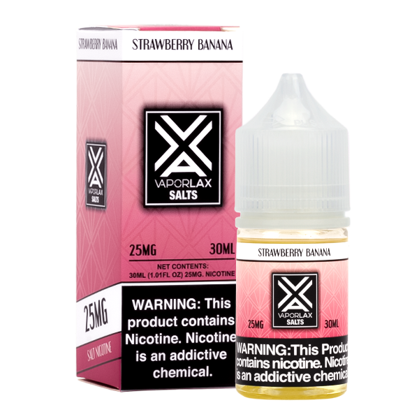 A best selling fruity flavored vape juice, Strawberry Banana by VaporLax Salts made in 25mg & 50mg Edit alt text