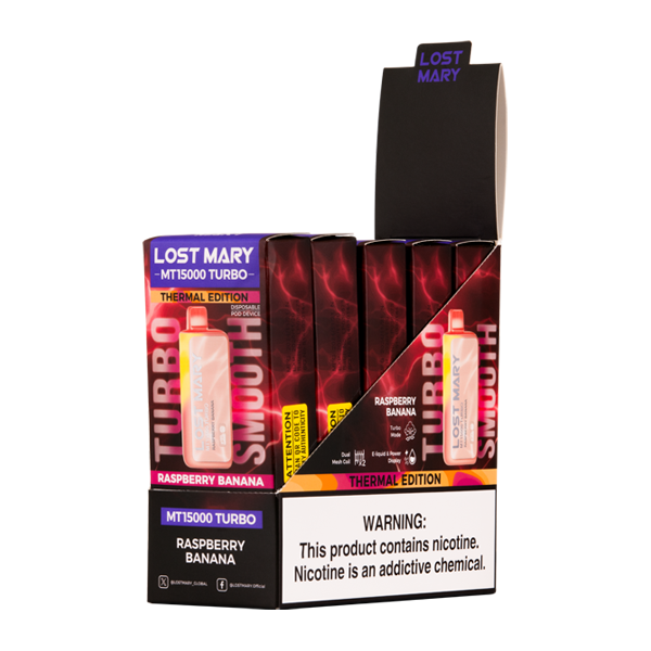 5 Pack of Raspberry Banana Lost Mary MT15000 Turbo Vape