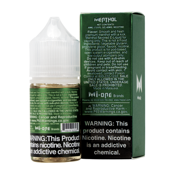 A 30ml vape juice with nicotine in 20mg & 40mg, Menthol Mi-Salts by Mi-One Brands