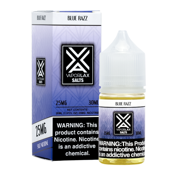 A best selling sweet and sour flavored vape juice, Blue Razz by VaporLax Salts made in 25mg & 50mg  Edit alt text
