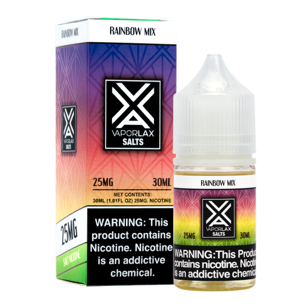 A best-selling sweetened pod juice, Rainbow Mix by VaporLax Salts is available in 25mg & 50mg
