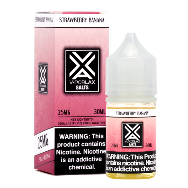 A best selling fruity flavored vape juice, Strawberry Banana by VaporLax Salts made in 25mg & 50mg  Edit alt text